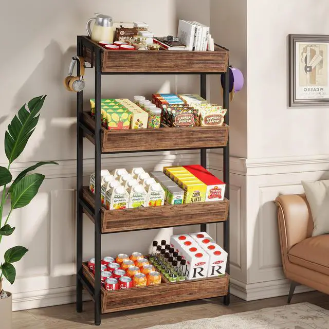 Alt view image 6 of 6 - 4-Tier Retail Display Rack Stand, Wooden Snack Candy Rack, Storage Shelf Organizer with Heavy-Duty Metal Frame, Easy Assembly (2, Brown)