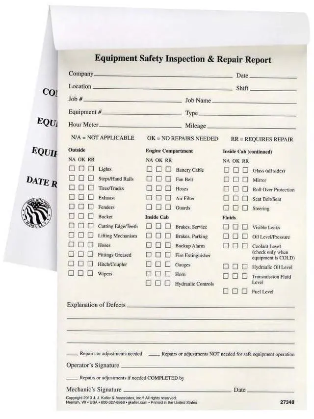 Main image of Equipment Safety Inspection Report 50-pk. - Book Format with 31 Sets, 2-Ply, Carbonless, 5.5" x 8.5", J. J. Keller & Associates, Inc