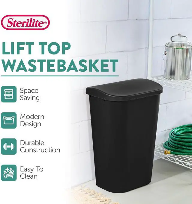 Alt view image 2 of 6 - 24-Pack Lift Top Wastebasket, D-Shape Trash Can w/Hinged Lid, 11.3 Gallon, Black - Modern Garbage Bin for Kitchen, Bathroom, Garage or Workspace, Fits 13-Gal Waste Liner