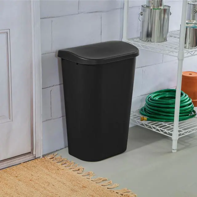 Alt view image 4 of 6 - 24-Pack Lift Top Wastebasket, D-Shape Trash Can w/Hinged Lid, 11.3 Gallon, Black - Modern Garbage Bin for Kitchen, Bathroom, Garage or Workspace, Fits 13-Gal Waste Liner