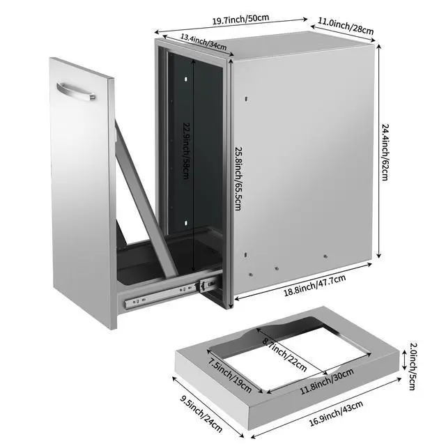 Alt view image 2 of 6 - 13.4''Wx25.7''Hx19.6''D Pull-Out Trash Drawer, Pull-Out Tray Outdoor Kitchen Stainless Steel Built-in Trash Bin for BBQ Island Grill Station