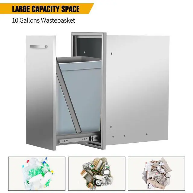 Alt view image 3 of 6 - 13.4''Wx25.7''Hx19.6''D Pull-Out Trash Drawer, Pull-Out Tray Outdoor Kitchen Stainless Steel Built-in Trash Bin for BBQ Island Grill Station