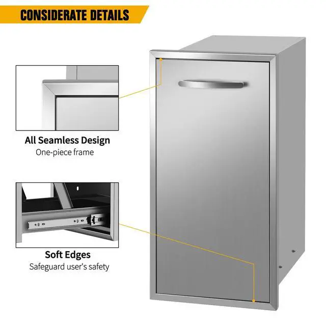 Alt view image 6 of 6 - 13.4''Wx25.7''Hx19.6''D Pull-Out Trash Drawer, Pull-Out Tray Outdoor Kitchen Stainless Steel Built-in Trash Bin for BBQ Island Grill Station