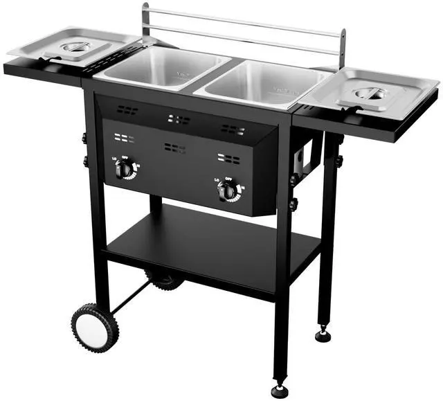 Main image of Outdoor Fryer with Dual 8QT Tank & Basket, 24,000 BTU Propane Deep Fryer with Side Shelf & Thermometers, Commercial Fryers with Wheels & Simple Control Knob for Outdoor Camping Cooking Use