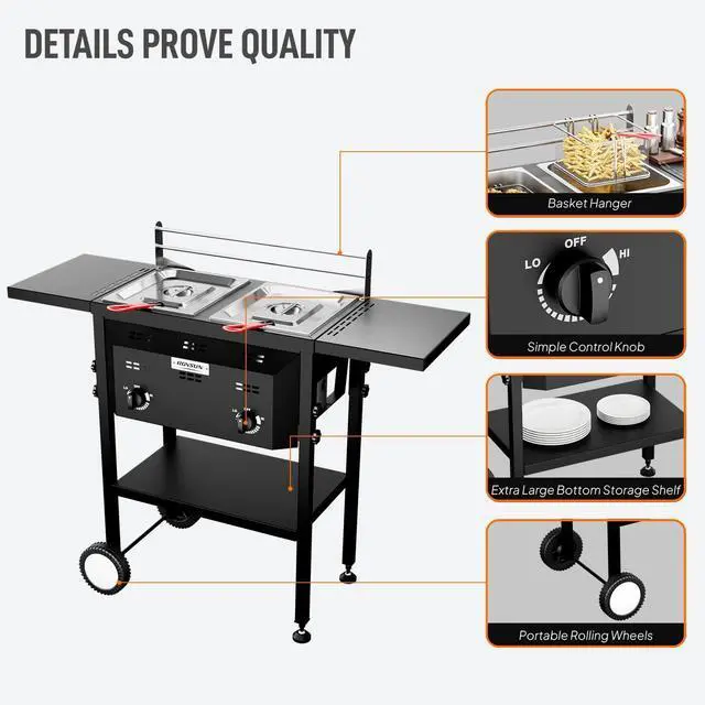 Alt view image 4 of 6 - Outdoor Fryer with Dual 8QT Tank & Basket, 24,000 BTU Propane Deep Fryer with Side Shelf & Thermometers, Commercial Fryers with Wheels & Simple Control Knob for Outdoor Camping Cooking Use
