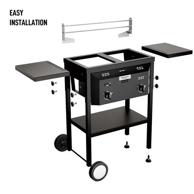 Alt view image 5 of 6 - Outdoor Fryer with Dual 8QT Tank & Basket, 24,000 BTU Propane Deep Fryer with Side Shelf & Thermometers, Commercial Fryers with Wheels & Simple Control Knob for Outdoor Camping Cooking Use