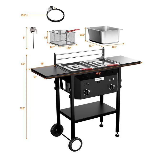 Alt view image 6 of 6 - Outdoor Fryer with Dual 8QT Tank & Basket, 24,000 BTU Propane Deep Fryer with Side Shelf & Thermometers, Commercial Fryers with Wheels & Simple Control Knob for Outdoor Camping Cooking Use