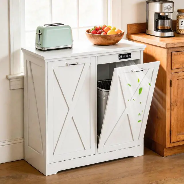 Main image of Double 13 Gallon Tilt Out Trash Can Cabinet with Deodorising Function, Modern Farmhouse Wooden Hidden Garbage Bin Holder for Kitchen, Dining Room, Bathroom, White