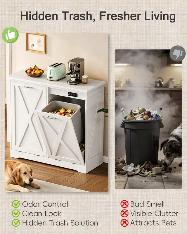 Alt view image 2 of 6 - Double 13 Gallon Tilt Out Trash Can Cabinet with Deodorising Function, Modern Farmhouse Wooden Hidden Garbage Bin Holder for Kitchen, Dining Room, Bathroom, White