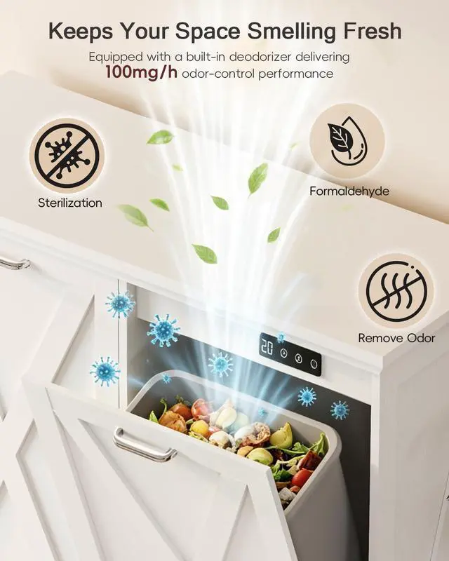 Alt view image 3 of 6 - Double 13 Gallon Tilt Out Trash Can Cabinet with Deodorising Function, Modern Farmhouse Wooden Hidden Garbage Bin Holder for Kitchen, Dining Room, Bathroom, White