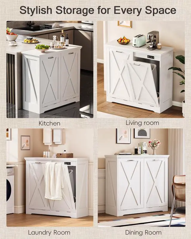 Alt view image 5 of 6 - Double 13 Gallon Tilt Out Trash Can Cabinet with Deodorising Function, Modern Farmhouse Wooden Hidden Garbage Bin Holder for Kitchen, Dining Room, Bathroom, White