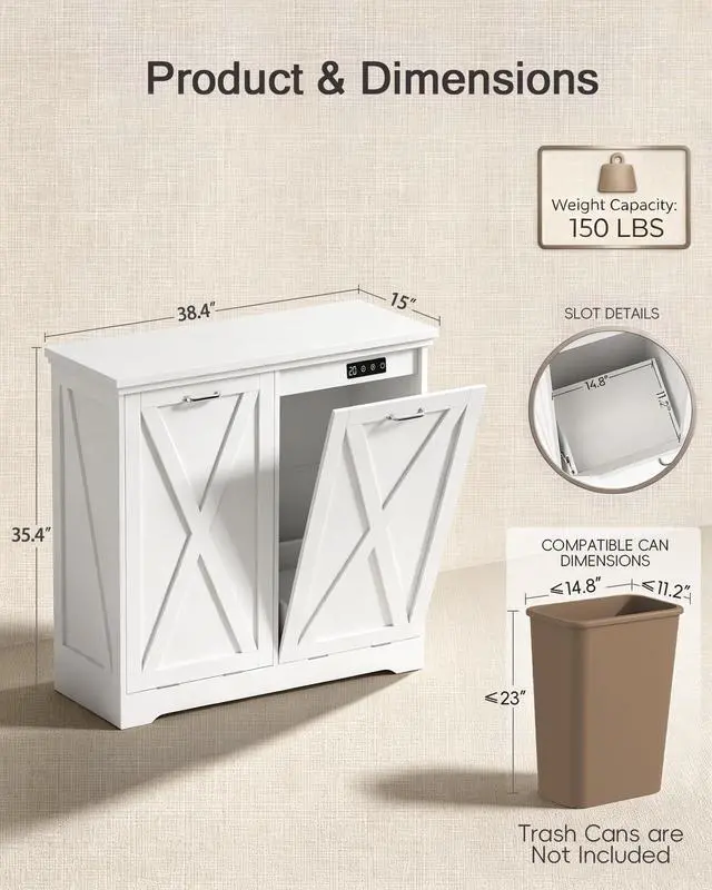 Alt view image 6 of 6 - Double 13 Gallon Tilt Out Trash Can Cabinet with Deodorising Function, Modern Farmhouse Wooden Hidden Garbage Bin Holder for Kitchen, Dining Room, Bathroom, White