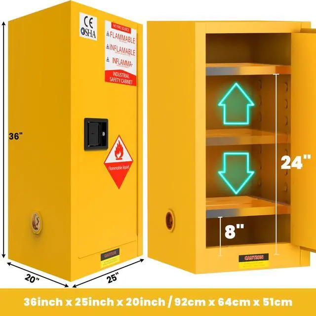 Alt view image 2 of 6 - 45 Gallon Flammable Storage Cabinet, Double Wall Steel Fire Cabinet 36" x 25" x 20" 3-Point Latching Lock, Leakproof Sump & ESD Ground Wire for Gasoline, Paint, Acetone & Industrial Chemicals