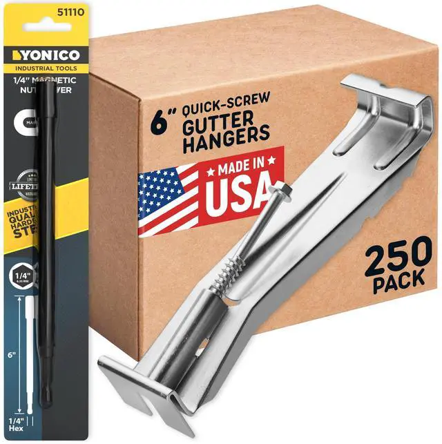 Main image of Quick Screw 6 Inch Gutter Hangers - Gutter Brackets 6 Inch with Bonus 6 Inch Drill Bit - Hidden Bracket Clips with Pre-Assembled Screw - Fix Sagging Rain Gutters (250)