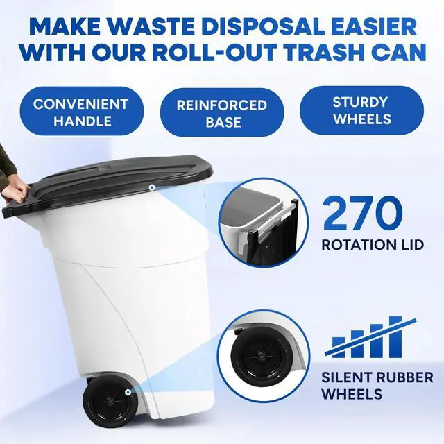 Alt view image 2 of 6 - 50 Gallon Trash Can, White Outdoor Garbage Can, Wheeled Outside Trash Bin Outdoor with Lid and Wheels Large Rolling Trash Can, Garbage Can with Wheels for Home, Office, Garage