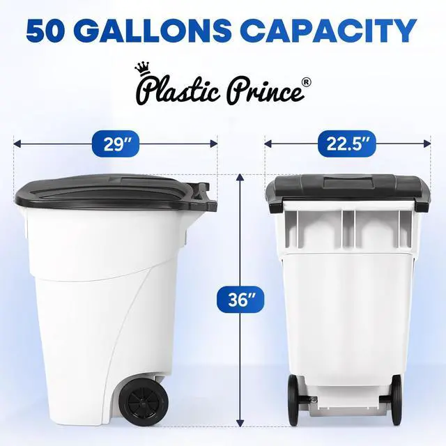 Alt view image 6 of 6 - 50 Gallon Trash Can, White Outdoor Garbage Can, Wheeled Outside Trash Bin Outdoor with Lid and Wheels Large Rolling Trash Can, Garbage Can with Wheels for Home, Office, Garage