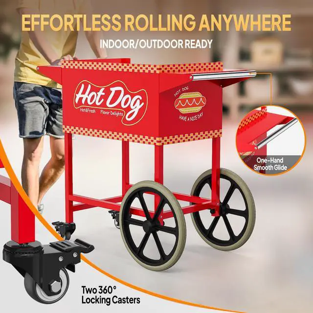 Alt view image 4 of 6 - Hot Dog Cart for 5-7 Rollers Hot Dog Machine w/Storage Bin & Shelves, Heavy-Duty Steel Mobile Stand for Concession Stands, Fairs, Events