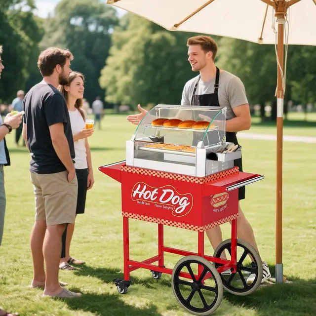Alt view image 6 of 6 - Hot Dog Cart for 5-7 Rollers Hot Dog Machine w/Storage Bin & Shelves, Heavy-Duty Steel Mobile Stand for Concession Stands, Fairs, Events