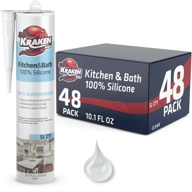 Main image of Premium RTV Silicone Sealant Clear, 48x10.1 fl.oz. 100% Waterproof Silicone Caulk for Kitchen, Bathroom, Shower, Sink, Tub, Window & Door