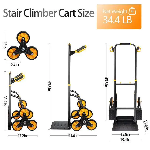 Alt view image 2 of 6 - Stair Climbing Dolly, Upgraded Heavy-Duty Stair Climber Hand Truck 770 Lbs Capacity, Foldable Cart for Stairs with 13.8" x 11.6" Nose Plate, 6 Wheels and 2 Ropes for Home,Office or Shopping