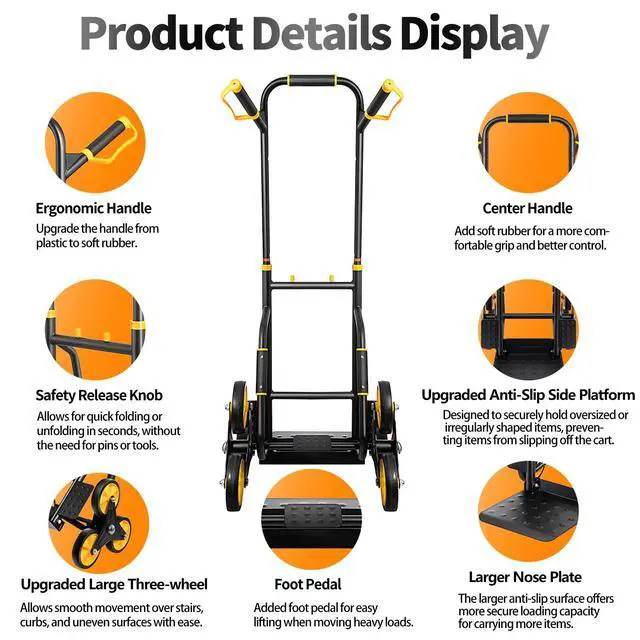Alt view image 3 of 6 - Stair Climbing Dolly, Upgraded Heavy-Duty Stair Climber Hand Truck 770 Lbs Capacity, Foldable Cart for Stairs with 13.8" x 11.6" Nose Plate, 6 Wheels and 2 Ropes for Home,Office or Shopping