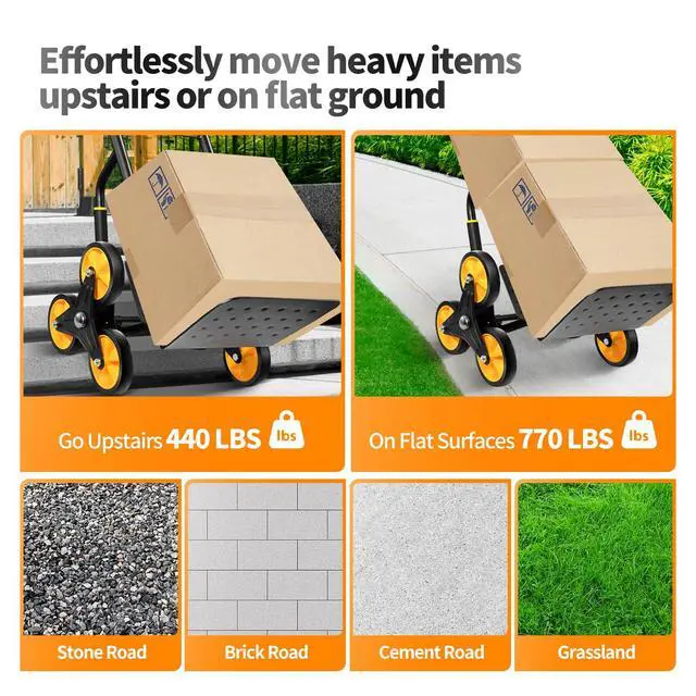 Alt view image 6 of 6 - Stair Climbing Dolly, Upgraded Heavy-Duty Stair Climber Hand Truck 770 Lbs Capacity, Foldable Cart for Stairs with 13.8" x 11.6" Nose Plate, 6 Wheels and 2 Ropes for Home,Office or Shopping