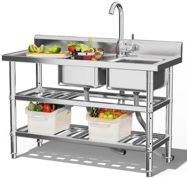 Main image of Stainless Steel Utility Sink, Freestanding Outdoor Sink Station with Hose Hookup, Small Tub for Garage, Laundry, Kitchen, Farmhouse(Double Bowl)
