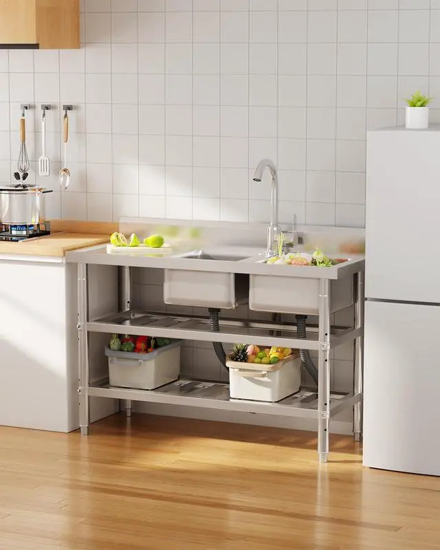 Alt view image 2 of 6 - Stainless Steel Utility Sink, Freestanding Outdoor Sink Station with Hose Hookup, Small Tub for Garage, Laundry, Kitchen, Farmhouse(Double Bowl)
