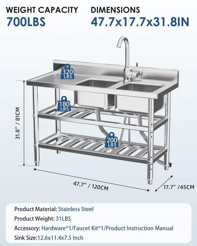 Alt view image 3 of 6 - Stainless Steel Utility Sink, Freestanding Outdoor Sink Station with Hose Hookup, Small Tub for Garage, Laundry, Kitchen, Farmhouse(Double Bowl)