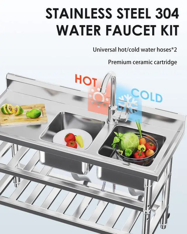 Alt view image 4 of 6 - Stainless Steel Utility Sink, Freestanding Outdoor Sink Station with Hose Hookup, Small Tub for Garage, Laundry, Kitchen, Farmhouse(Double Bowl)