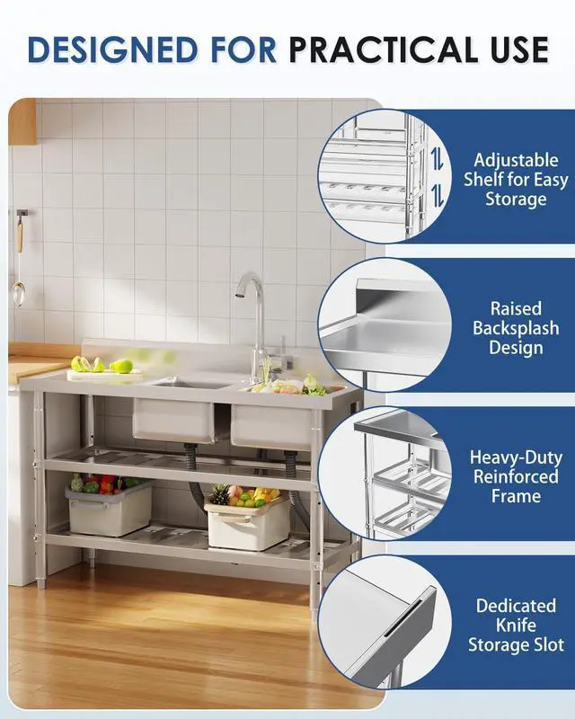 Alt view image 5 of 6 - Stainless Steel Utility Sink, Freestanding Outdoor Sink Station with Hose Hookup, Small Tub for Garage, Laundry, Kitchen, Farmhouse(Double Bowl)