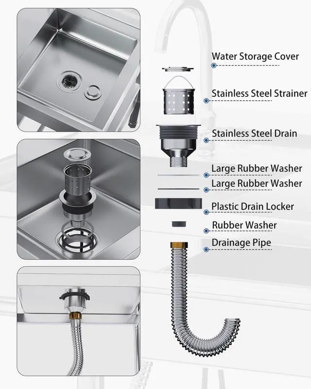 Alt view image 6 of 6 - Stainless Steel Utility Sink, Freestanding Outdoor Sink Station with Hose Hookup, Small Tub for Garage, Laundry, Kitchen, Farmhouse(Double Bowl)