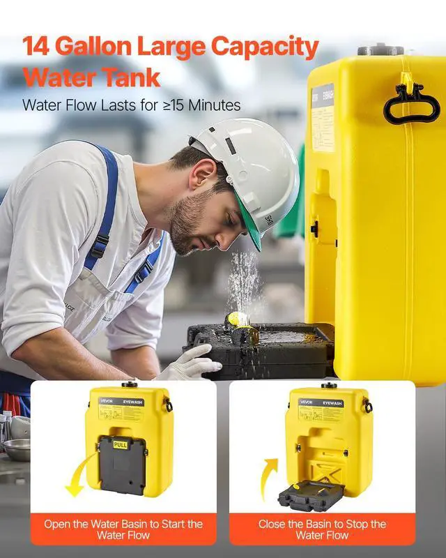 Alt view image 3 of 6 - Portable Eye Wash Station 14 Gal, OSHA-Approved Eyewash Station Wall-Mounted/On Flat Surface, Emergency Eye Wash Unit with 2 Sprays, First Aid Eyewash Units for Schools, Labs, Factories, Yellow