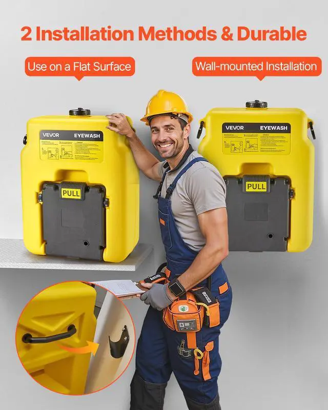 Alt view image 5 of 6 - Portable Eye Wash Station 14 Gal, OSHA-Approved Eyewash Station Wall-Mounted/On Flat Surface, Emergency Eye Wash Unit with 2 Sprays, First Aid Eyewash Units for Schools, Labs, Factories, Yellow