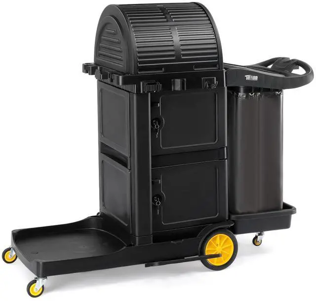 Main image of Janitorial Cart with Key-Locking Cabinet, 3-Shelf Commercial Cleaning Cart with Wheels, Housekeeping Caddy with Locker, Black, Great for Hotel, Stores, Schools, and Business