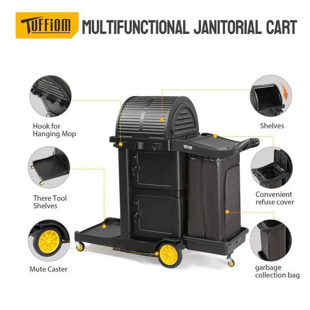 Alt view image 2 of 6 - Janitorial Cart with Key-Locking Cabinet, 3-Shelf Commercial Cleaning Cart with Wheels, Housekeeping Caddy with Locker, Black, Great for Hotel, Stores, Schools, and Business