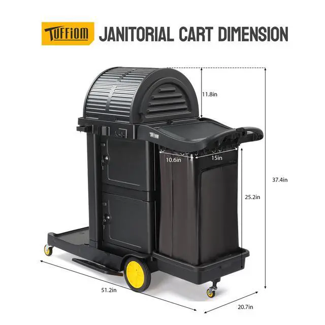Alt view image 5 of 6 - Janitorial Cart with Key-Locking Cabinet, 3-Shelf Commercial Cleaning Cart with Wheels, Housekeeping Caddy with Locker, Black, Great for Hotel, Stores, Schools, and Business