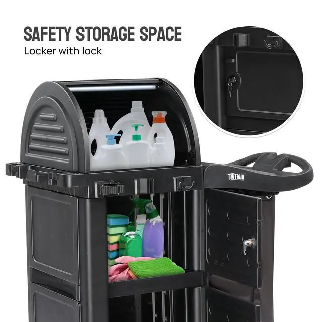 Alt view image 6 of 6 - Janitorial Cart with Key-Locking Cabinet, 3-Shelf Commercial Cleaning Cart with Wheels, Housekeeping Caddy with Locker, Black, Great for Hotel, Stores, Schools, and Business