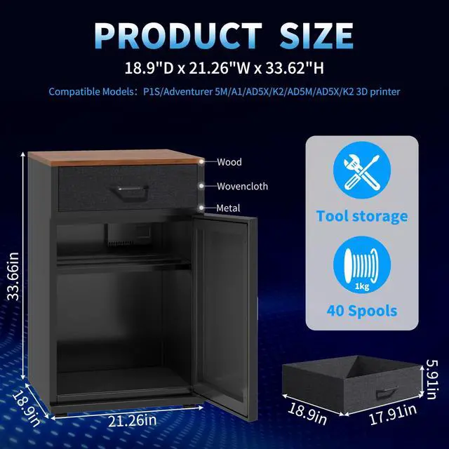 Alt view image 2 of 6 - 3D Printer Stand with Filament Moisture-Proof Storage, 40 Rolls | 0dB 25% RH Dehumidification, Moisture-Proof Cabinet, PLA/ABS/TPU/Nylon Compatible, Metal, With Drawer,Black