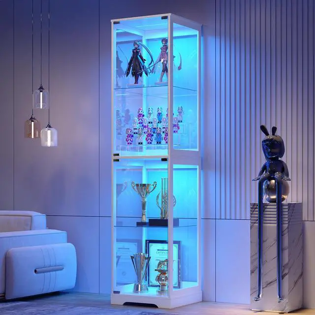 Main image of Glass Display Cabinet with Doors, 65" Tall 4-Tier Curio Display Case with 3 Color Lights and Human Body Sensor, Bookcase for Collectibles, White