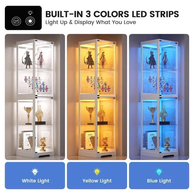 Alt view image 3 of 6 - Glass Display Cabinet with Doors, 65" Tall 4-Tier Curio Display Case with 3 Color Lights and Human Body Sensor, Bookcase for Collectibles, White