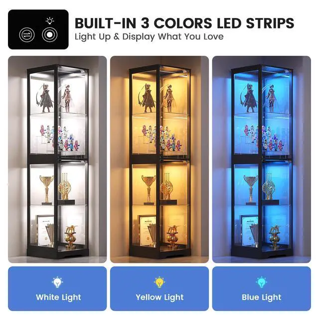 Alt view image 3 of 6 - Glass Display Cabinet with Doors, 65" Tall 4-Tier Curio Display Case with 3 Color Lights and Human Body Sensor, Bookcase for Collectibles, Black