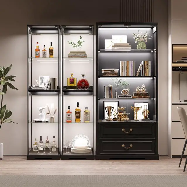 Alt view image 6 of 6 - Glass Display Cabinet with Doors, 65" Tall 4-Tier Curio Display Case with 3 Color Lights and Human Body Sensor, Bookcase for Collectibles, Black