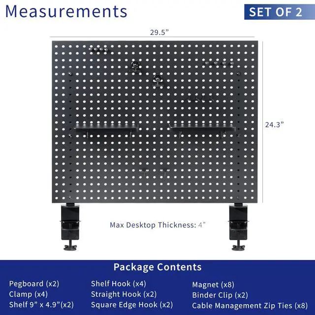 Alt view image 3 of 6 - Steel Clamp-on Desk Pegboard, 60 x 24 inch Privacy Panel, Magnetic Peg Board, Office Accessory Organizer, Above or Below Desk Placement, Black, PP-DK30B-2