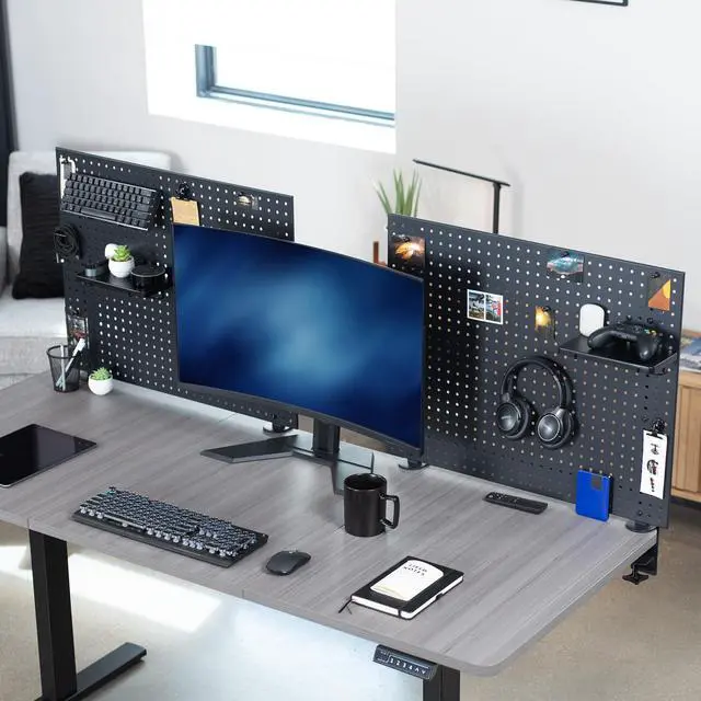 Alt view image 4 of 6 - Steel Clamp-on Desk Pegboard, 60 x 24 inch Privacy Panel, Magnetic Peg Board, Office Accessory Organizer, Above or Below Desk Placement, Black, PP-DK30B-2