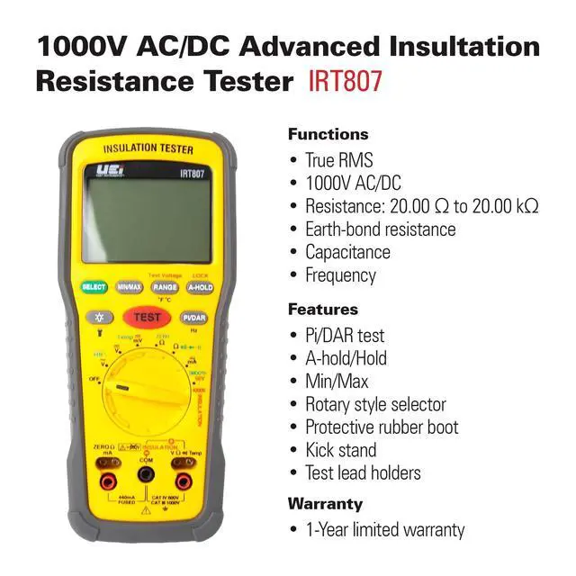 Alt view image 2 of 6 - UEi IRT807 Insulation Resistance Tester 1000V AC/DC, Advanced Megohmmeter Measures Insulation Resistance Up to 2G, Voltage Testing Up to 1000V