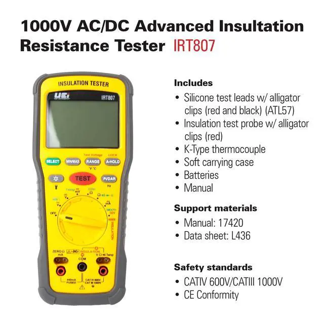 Alt view image 3 of 6 - UEi IRT807 Insulation Resistance Tester 1000V AC/DC, Advanced Megohmmeter Measures Insulation Resistance Up to 2G, Voltage Testing Up to 1000V