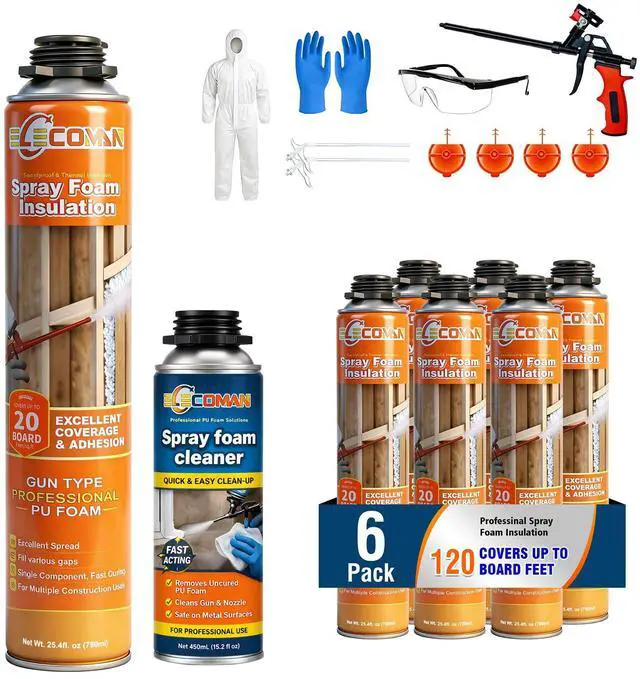 Main image of Closed Cell Spray Foam Insulation Kit 120 Sq.Ft.,High Density Polyurethane Expanding Spray Foam for Walls and Attic,Easy DIY Wide Spray Foam Kit with Gun, Cleaner & Safety Gear - 6 Pack