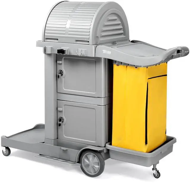 Main image of Janitorial Cart on Wheels, 3 Shelf Commercial Cleaning Cart with Key Locking-Cabinet, Grey Housekeeping Cart with Locker and Cleaning Bag, for Hotel, Business, Office, Stadium Use