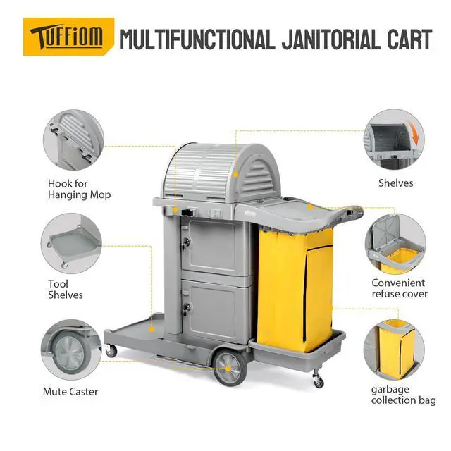 Alt view image 2 of 6 - Janitorial Cart on Wheels, 3 Shelf Commercial Cleaning Cart with Key Locking-Cabinet, Grey Housekeeping Cart with Locker and Cleaning Bag, for Hotel, Business, Office, Stadium Use